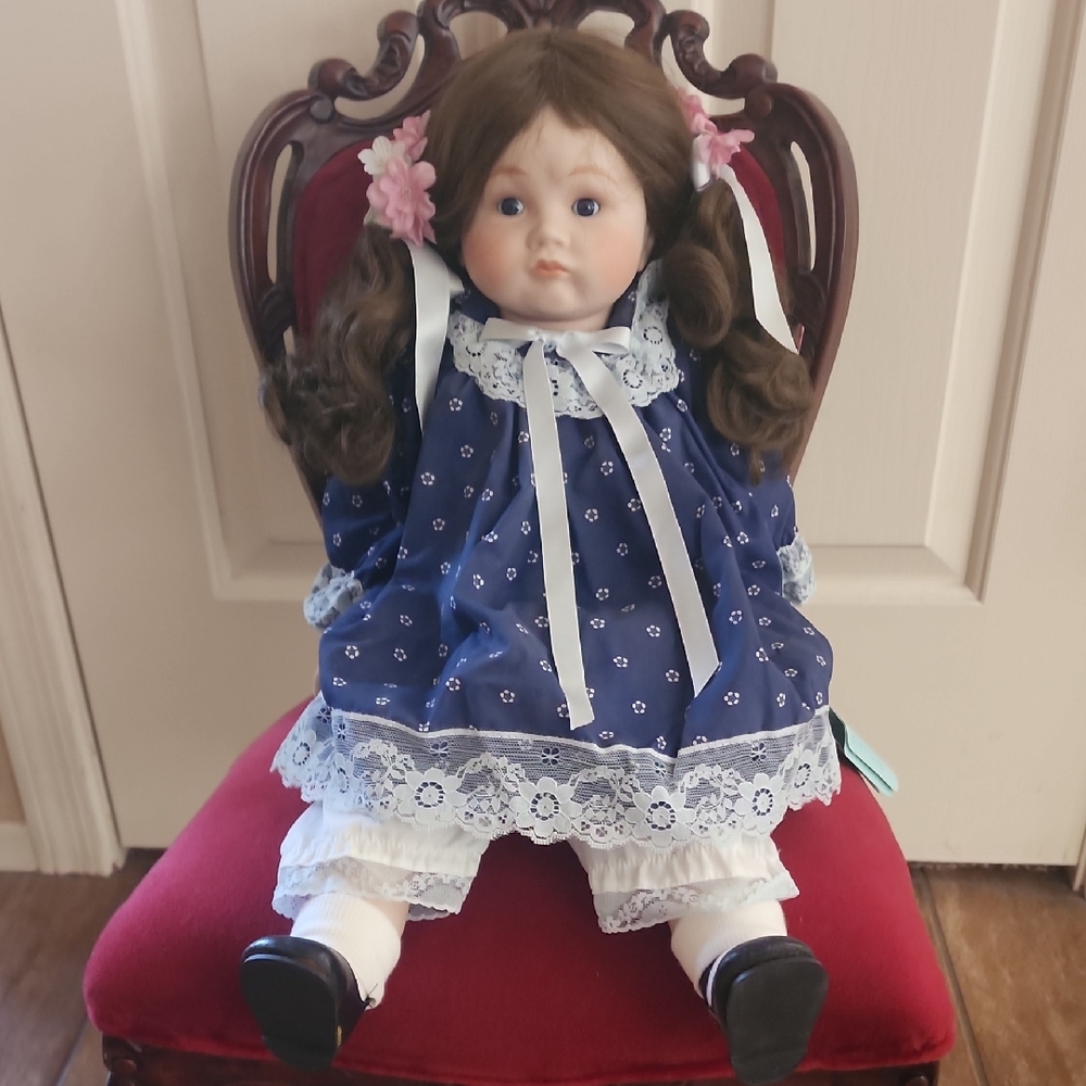 Classic Navy Lace-Trim Porcelain Kids Doll with Pink Hair Bows